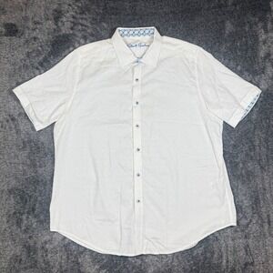 Robert Graham Mens XL White Jacquard Short Sleeve Button Front Shirt Classic Fit